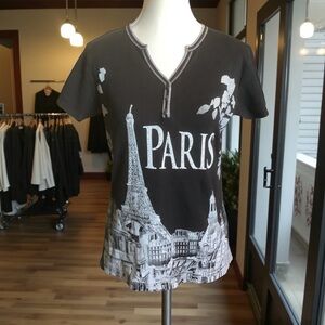 PARADISIO BLACK SHORT SLEEVE V-NECK T-SHIRT WITH PARIS GRAPHIC PRINT/ Size M